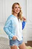 Blue Womens Long Sleeve Full Zip Drawstring Tie Dye Color Block Hoodie LC2531052-5