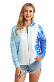 Blue Womens Long Sleeve Full Zip Drawstring Tie Dye Color Block Hoodie LC2531052-5