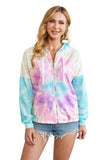 Sky Blue Womens Long Sleeve Full Zip Drawstring Tie Dye Color Block Hoodie LC2531052-4