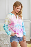 Sky Blue Womens Long Sleeve Full Zip Drawstring Tie Dye Color Block Hoodie LC2531052-4