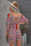 LC221873-22-S, LC221873-22-M, LC221873-22-L, LC221873-22-XL, Multicolor Bohemian 3/4 Sleeve V Neck Vintage Mini Dress for Women