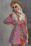 LC221873-22-S, LC221873-22-M, LC221873-22-L, LC221873-22-XL, Multicolor Bohemian 3/4 Sleeve V Neck Vintage Mini Dress for Women