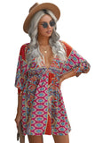 LC221873-22-S, LC221873-22-M, LC221873-22-L, LC221873-22-XL, Multicolor Bohemian 3/4 Sleeve V Neck Vintage Mini Dress for Women