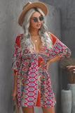 LC221873-22-S, LC221873-22-M, LC221873-22-L, LC221873-22-XL, Multicolor Bohemian 3/4 Sleeve V Neck Vintage Mini Dress for Women