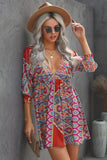 LC221873-22-S, LC221873-22-M, LC221873-22-L, LC221873-22-XL, Multicolor Bohemian 3/4 Sleeve V Neck Vintage Mini Dress for Women