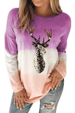 Purple Women's Color Block Reindeer Print Gradient Crew Neck Sweatshirts LC2531516-8