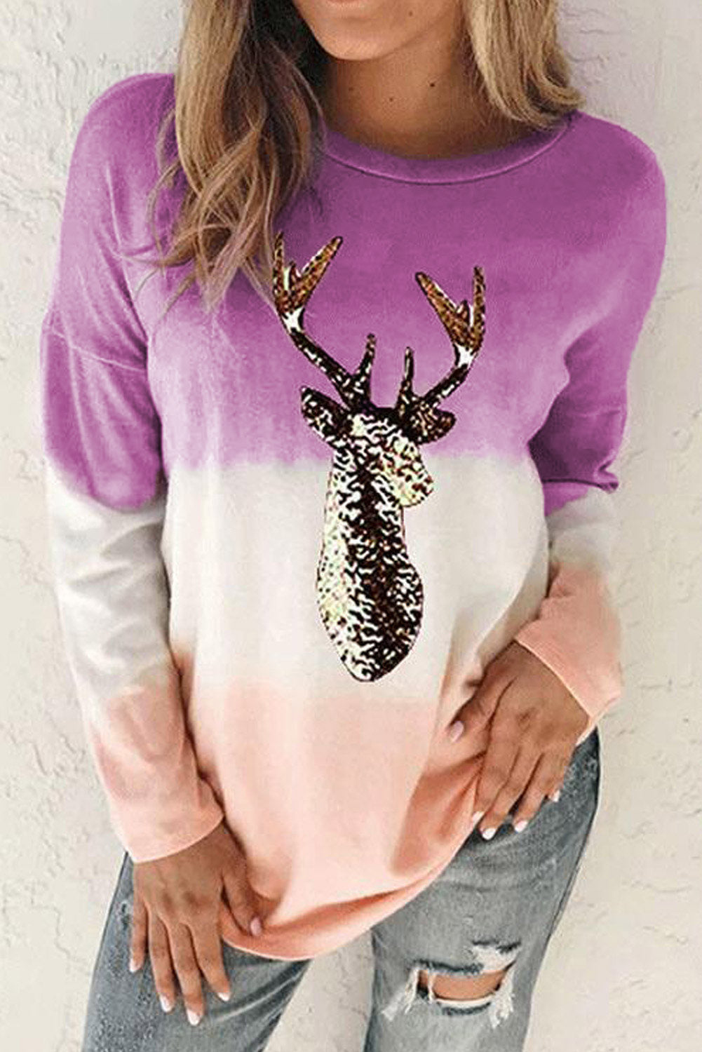 Purple Women's Color Block Reindeer Print Gradient Crew Neck Sweatshirts LC2531516-8