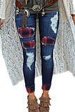 Red Ladies Ripped Boyfriend Jeans Hollow Out Leopard Denim Pants LC78394-3