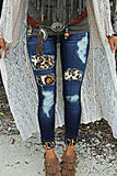 Blue Ladies Ripped Boyfriend Jeans Hollow Out Leopard Denim Pants LC78394-5
