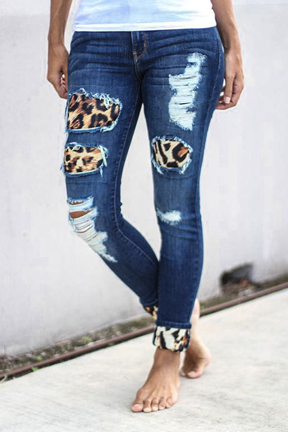 Blue Ladies Ripped Boyfriend Jeans Hollow Out Leopard Denim Pants LC78394-5