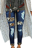 Blue Ladies Ripped Boyfriend Jeans Hollow Out Leopard Denim Pants LC78394-5