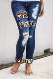 Blue Ladies Ripped Boyfriend Jeans Hollow Out Leopard Denim Pants LC78394-5