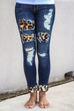 Blue Ladies Ripped Boyfriend Jeans Hollow Out Leopard Denim Pants LC78394-5