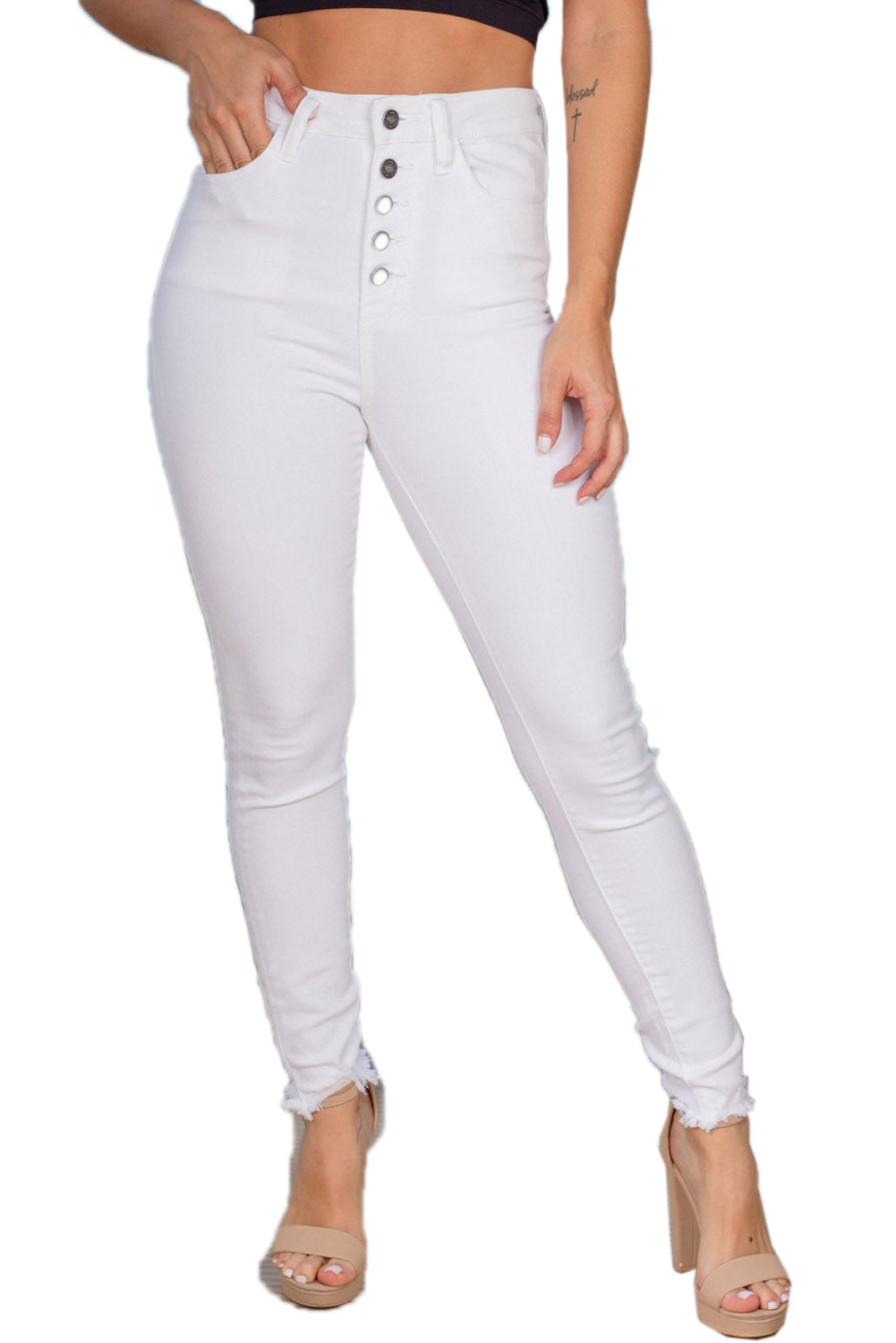 White Women's Skinny Jeans with Buttons Casual Stretchy High Waisted Jeans LC78896-1