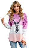 Purple Women's Color Block Reindeer Print Gradient Crew Neck Sweatshirts LC2531516-8