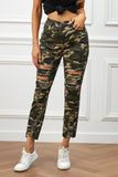 Green Camouflage Hollow out Ripped Skinny Jeans with Pockets for Women LC78149-109