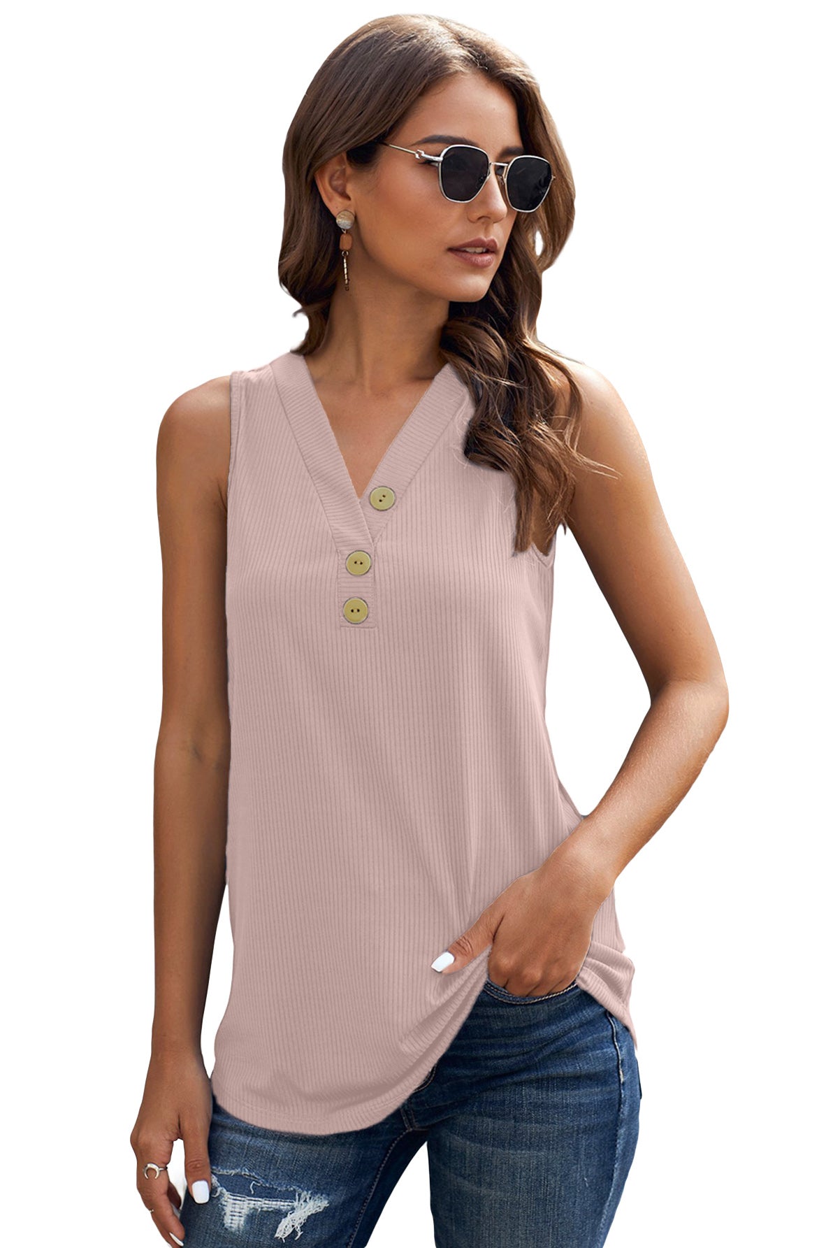 Pink Summer Casual V Neck Button Ladies Tank Top LC253080-10