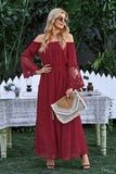 Red White Maxi Dress Off Shoulder Flared Sleeve Lace Wedding Bridesmaid Dress LC611985-3