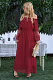 Red White Maxi Dress Off Shoulder Flared Sleeve Lace Wedding Bridesmaid Dress LC611985-3