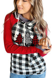 Red Women Christmas Tree Plaid Pattern Asymmetric Zip Hoodie Long Sleeve T-Shirt Tops LC2532822-3