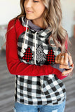 Red Women Christmas Tree Plaid Pattern Asymmetric Zip Hoodie Long Sleeve T-Shirt Tops LC2532822-3