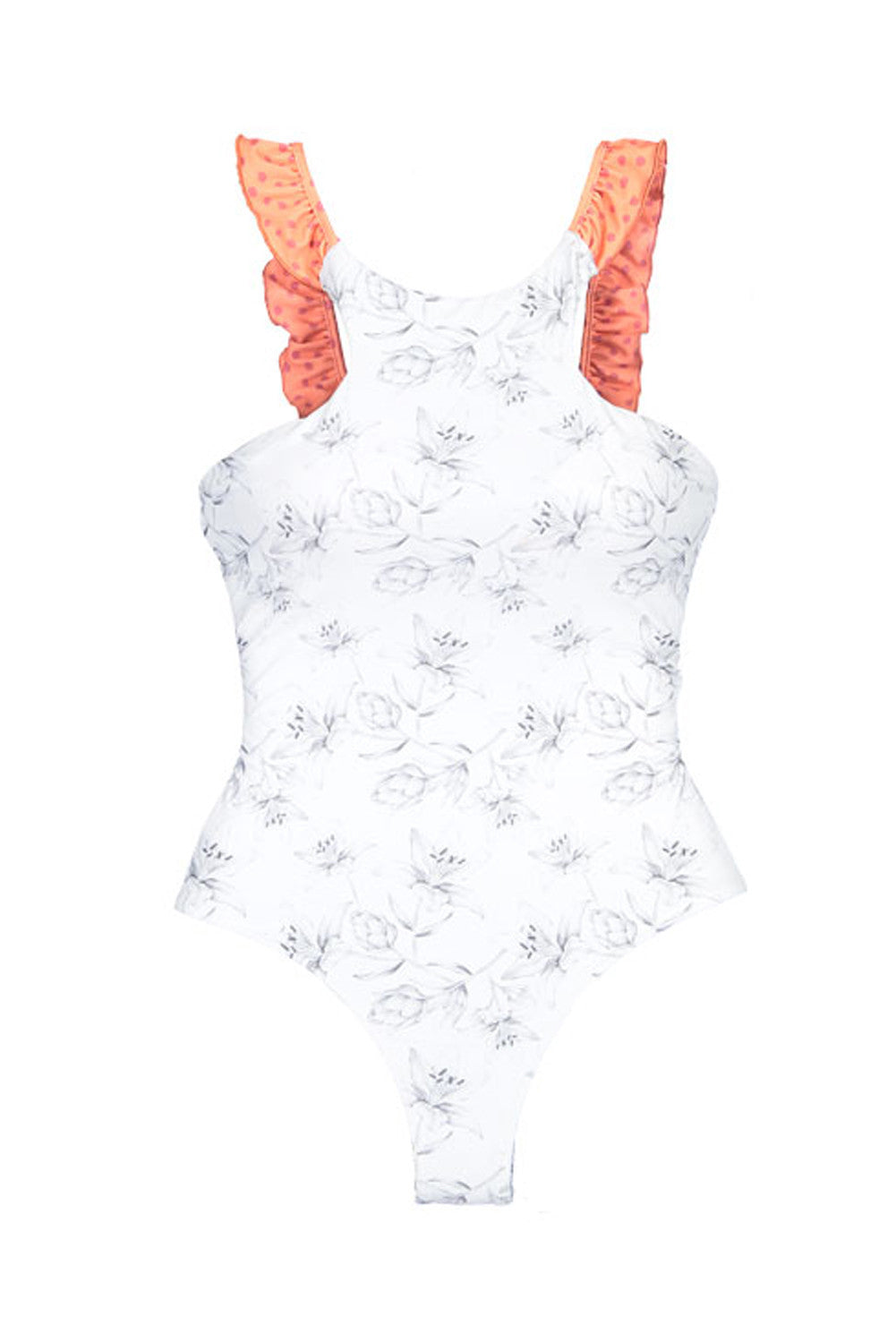 LC411639-1-S, LC411639-1-M, LC411639-1-L, LC411639-1-XL, White Women's Tie Back One Piece Swimsuit Floral Printing Swimwear