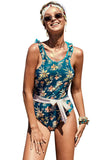 LC411639-5-S, LC411639-5-M, LC411639-5-L, Blue Women's Tie Back One Piece Swimsuit Floral Printing Swimwear