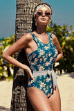 LC411639-5-S, LC411639-5-M, LC411639-5-L, Blue Women's Tie Back One Piece Swimsuit Floral Printing Swimwear