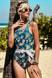 LC411639-5-S, LC411639-5-M, LC411639-5-L, Blue Women's Tie Back One Piece Swimsuit Floral Printing Swimwear