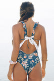 LC411639-5-S, LC411639-5-M, LC411639-5-L, Blue Women's Tie Back One Piece Swimsuit Floral Printing Swimwear
