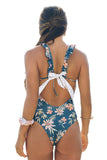 LC411639-5-S, LC411639-5-M, LC411639-5-L, Blue Women's Tie Back One Piece Swimsuit Floral Printing Swimwear
