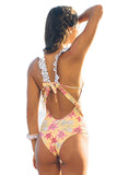 LC411639-7-S, LC411639-7-M, LC411639-7-L, LC411639-7-XL, Yellow Women's Tie Back One Piece Swimsuit Floral Printing Swimwear