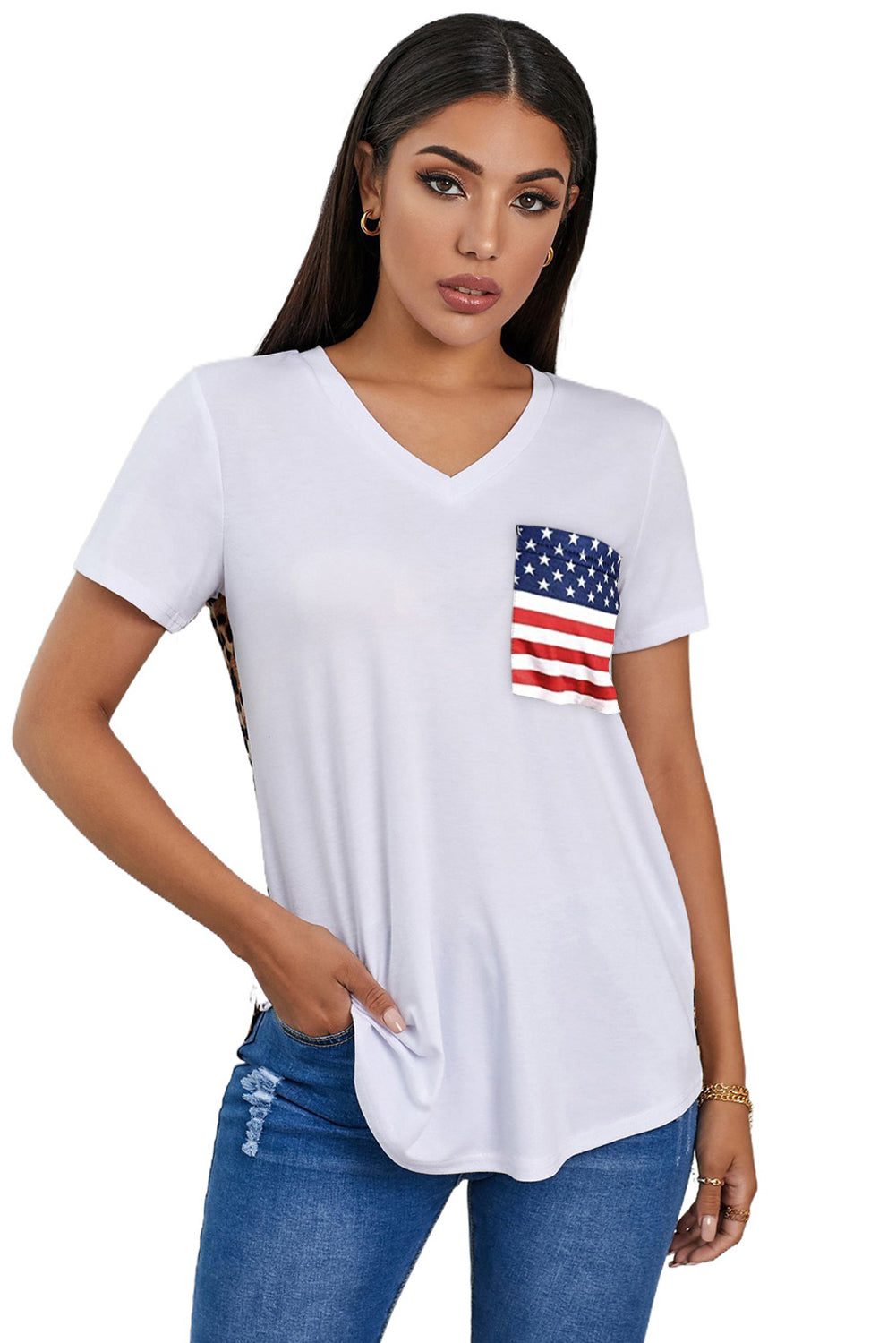White Women's Leopard Printed Short Sleeve T-Shirt Blouse LC253578-101