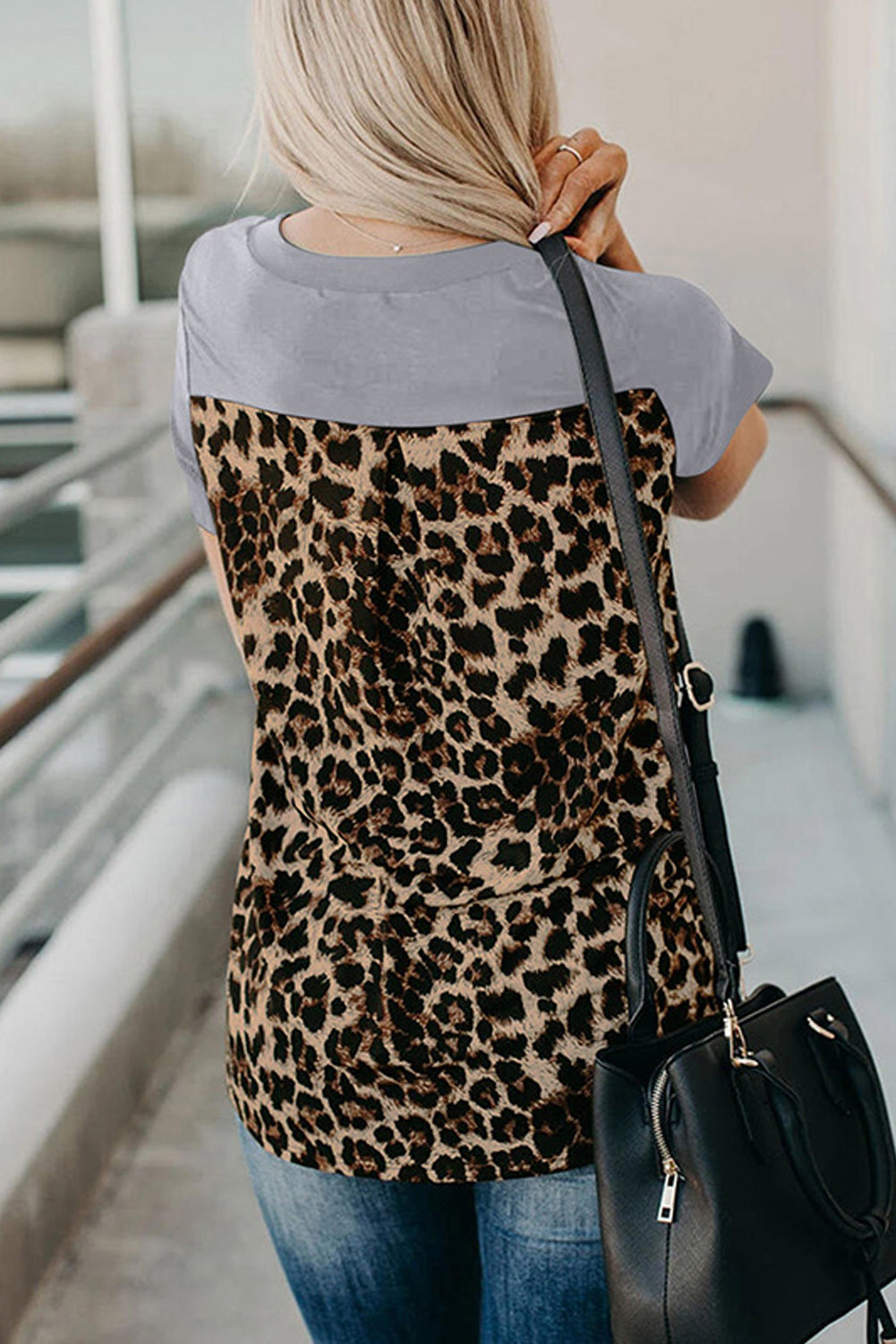 Gray Women's Leopard Printed Short Sleeve T-Shirt Blouse LC253578-1011