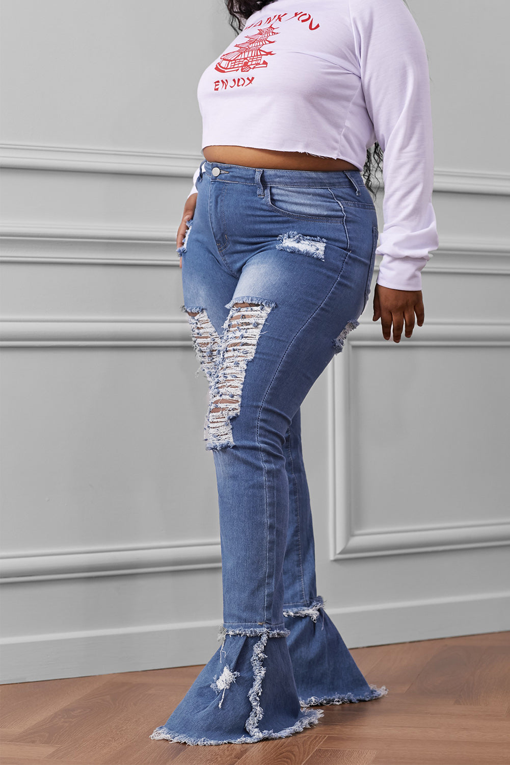 Blue Women's Ripped Denim Pants Casual Bell Bottom Jeans for Women LC78092-5
