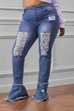 Blue Women's Ripped Denim Pants Casual Bell Bottom Jeans for Women LC78092-5