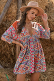 LC221873-22-S, LC221873-22-M, LC221873-22-L, LC221873-22-XL, Multicolor Bohemian 3/4 Sleeve V Neck Vintage Mini Dress for Women