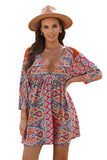 LC221873-22-S, LC221873-22-M, LC221873-22-L, LC221873-22-XL, Multicolor Bohemian 3/4 Sleeve V Neck Vintage Mini Dress for Women