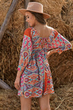 LC221873-22-S, LC221873-22-M, LC221873-22-L, LC221873-22-XL, Multicolor Bohemian 3/4 Sleeve V Neck Vintage Mini Dress for Women