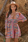 LC221873-22-S, LC221873-22-M, LC221873-22-L, LC221873-22-XL, Multicolor Bohemian 3/4 Sleeve V Neck Vintage Mini Dress for Women