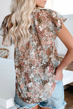 Khaki V Neck Short Sleeve Print Floral Blouses Shirts LC2514201-16