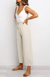 LC771296-16-S, LC771296-16-M, LC771296-16-L, LC771296-16-XL, Khaki Women's High Waist Paper Bag Straight Leg Cropped Long Pants with Pocket