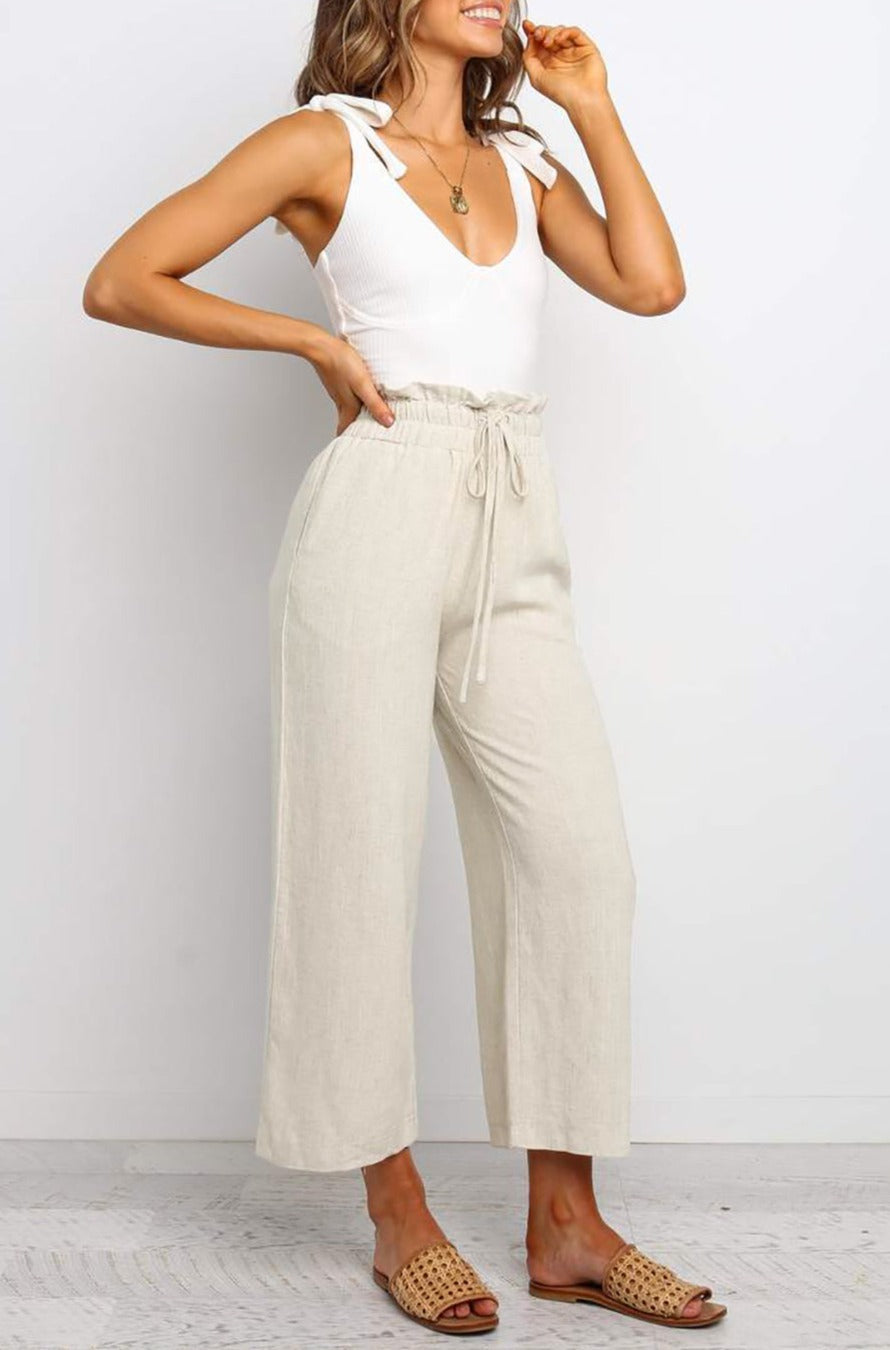 LC771296-16-S, LC771296-16-M, LC771296-16-L, LC771296-16-XL, Khaki Women's High Waist Paper Bag Straight Leg Cropped Long Pants with Pocket