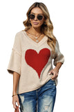 LC2514061-15-S, LC2514061-15-M, LC2514061-15-L, LC2514061-15-XL, LC2514061-15-2XL, Beige Valentine Day V Neck Oversized Knit Sweaters Heart Print Slouchy Top 