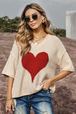 LC2514061-15-S, LC2514061-15-M, LC2514061-15-L, LC2514061-15-XL, LC2514061-15-2XL, Beige Valentine Day V Neck Oversized Knit Sweaters Heart Print Slouchy Top 