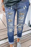 Women's Leopard Print Ripped Patchwork Destroyed Skinny Jeans Denim Pants
