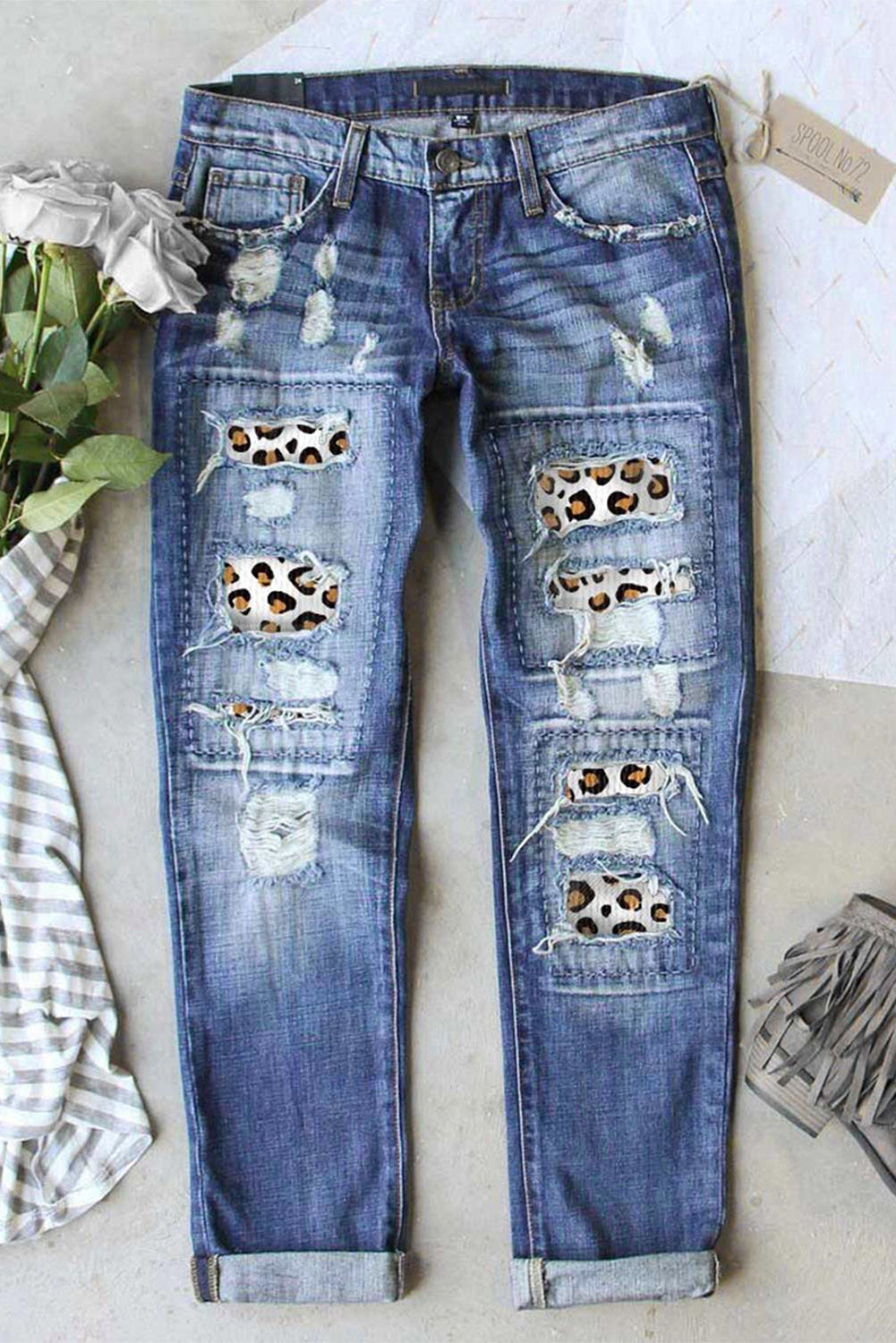 Sky Blue Women's Leopard Print Ripped Patchwork Destroyed Skinny Jeans Denim Pants LC78976-4