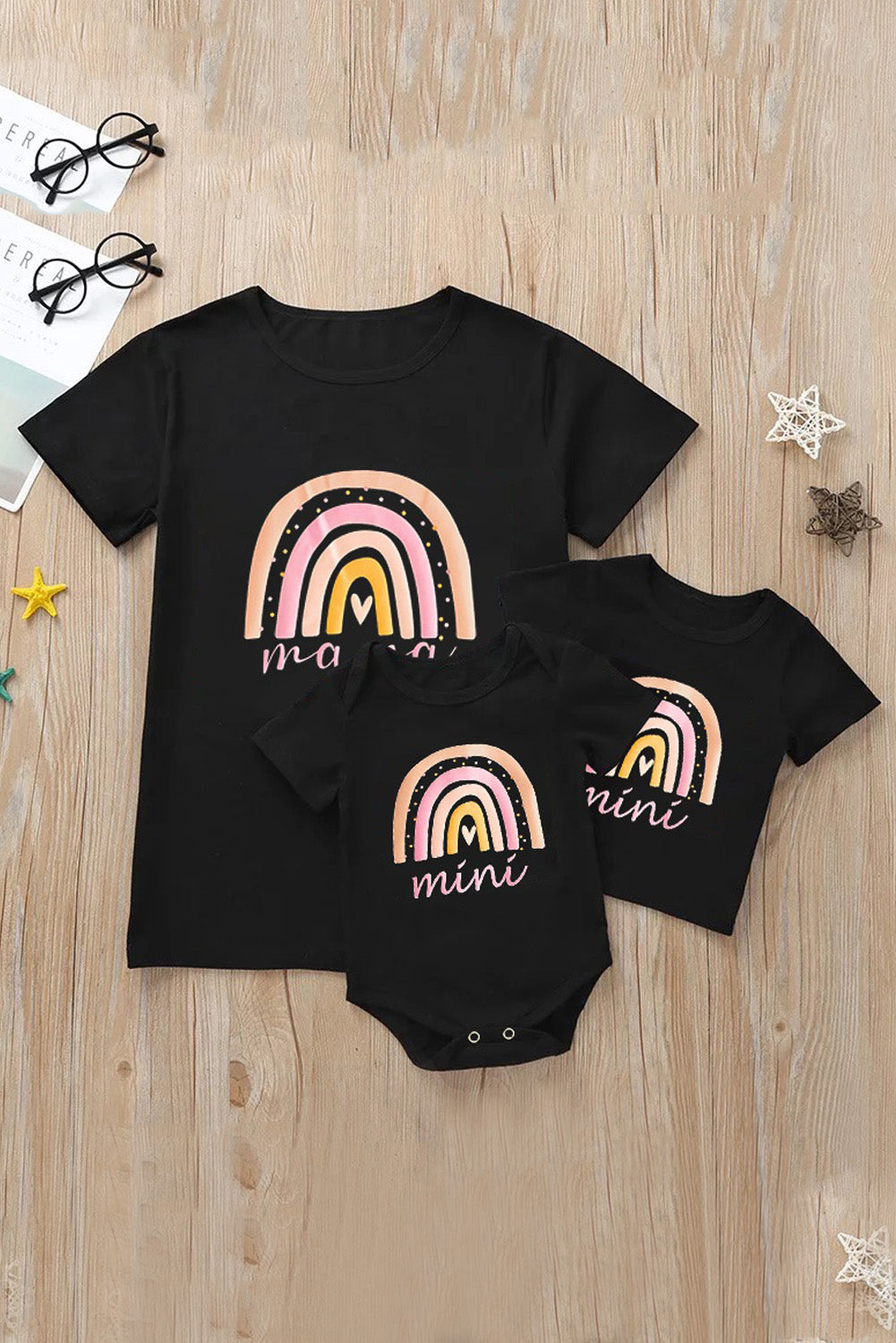 TZ25186-2-S, TZ25186-2-M, TZ25186-2-L, TZ25186-2-XL, TZ25186-2-XXL, Black Kids Mini Rainbow Print Crew Neck T Shirt Matching Outfit