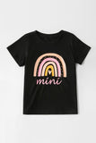 TZ25186-2-S, TZ25186-2-M, TZ25186-2-L, TZ25186-2-XL, TZ25186-2-XXL, Black Kids Mini Rainbow Print Crew Neck T Shirt Matching Outfit