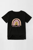 TZ25186-2-S, TZ25186-2-M, TZ25186-2-L, TZ25186-2-XL, TZ25186-2-XXL, Black Kids Mini Rainbow Print Crew Neck T Shirt Matching Outfit